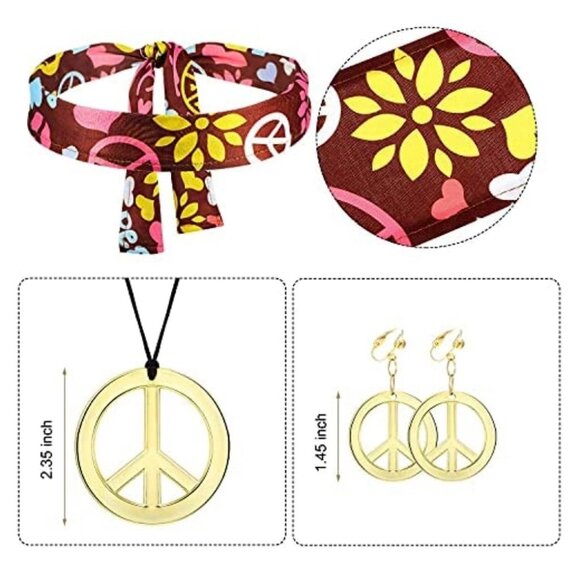 Hippie Boho Peace 70s Deluxe Costume Set Halloween Cosplay Set Plus Size XXL-3XL - Picture 6 of 13